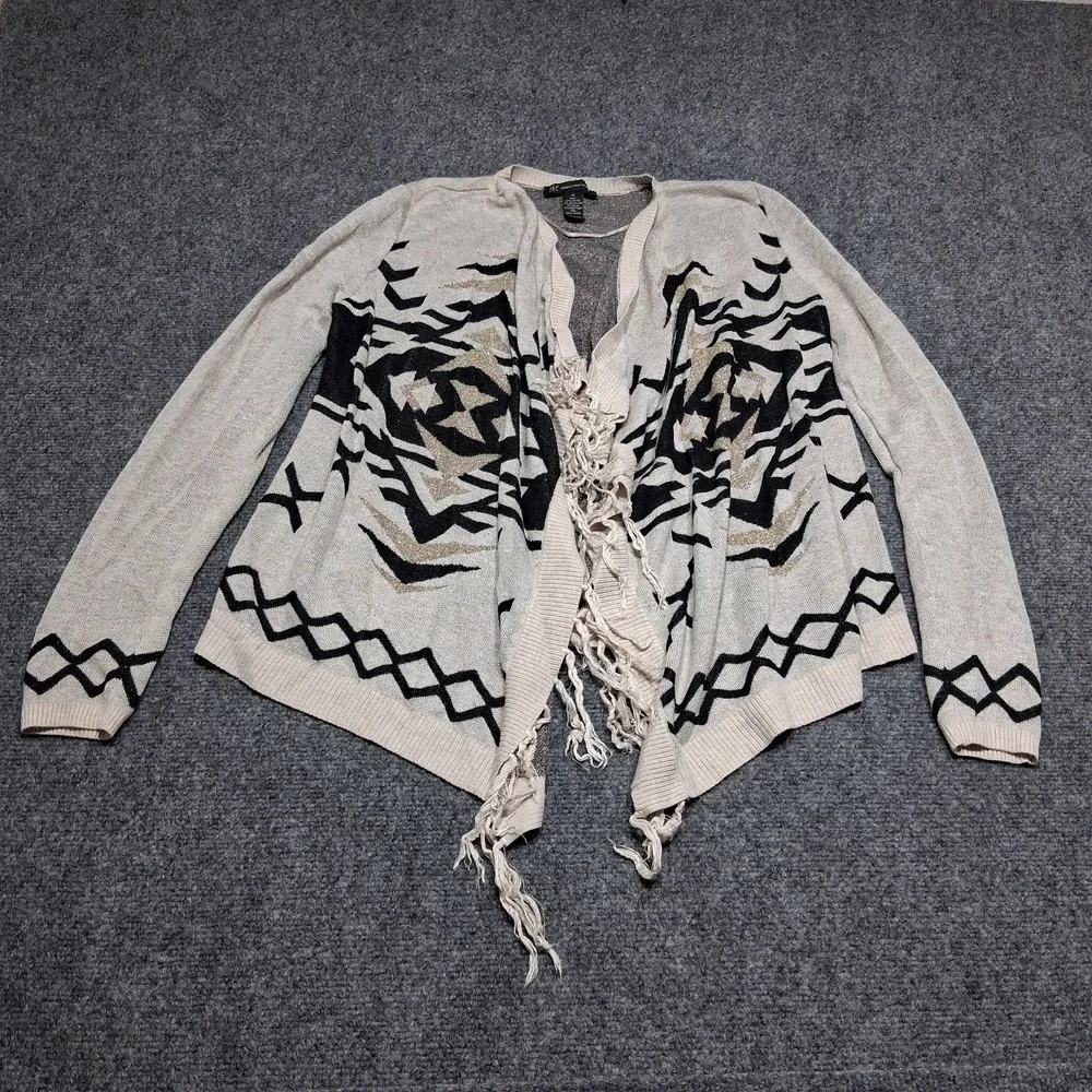 INC Womens Sweater Size‎ M Ivory Diamond Knit Bohemian Fringe Open Wrap Cardigan